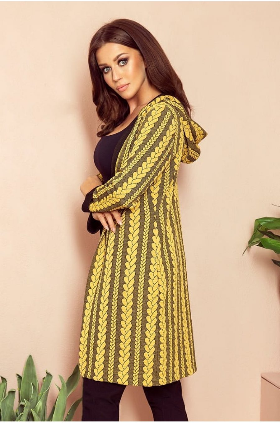 Cardigan cu gluga si buzunare mustar Londa 2 - jojofashion.ro