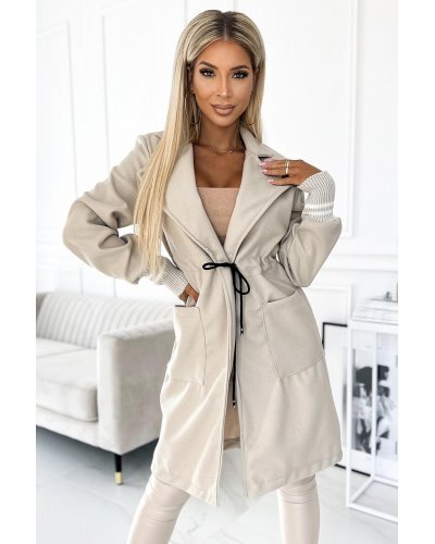 Palton dama casual, midi, bej, cu gluga si buzunare, Alexya Paltoane dama, Palton dama casual, midi, bej, cu gluga si buzunare, Alexya - jojofashion.ro