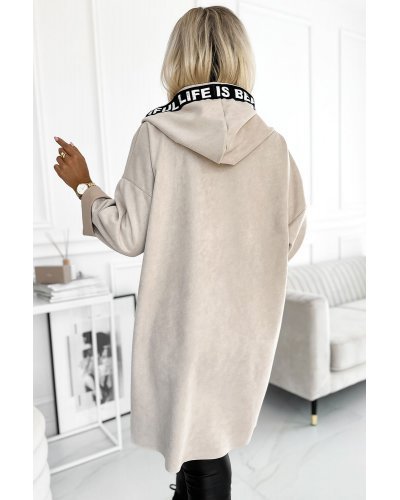 Palton dama casual midi, bej, oversize, cu gluga si fermoar, Ilse Paltoane dama, Palton dama casual midi, bej, oversize, cu gluga si fermoar, Ilse - jojofashion.ro