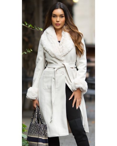 Palton dama de iarna elegant, midi, bej, cu guler din blana eco, Nayan Paltoane dama, Palton dama de iarna elegant, midi, bej, cu guler din blana eco, Nayan - jojofashion.ro