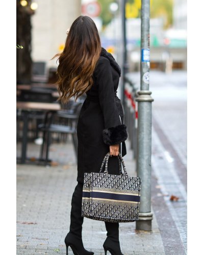 Palton dama de iarna elegant, midi, negru, cu guler din blana eco, Nayan Paltoane dama, Palton dama de iarna elegant, midi, negru, cu guler din blana eco, Nayan - jojofashion.ro