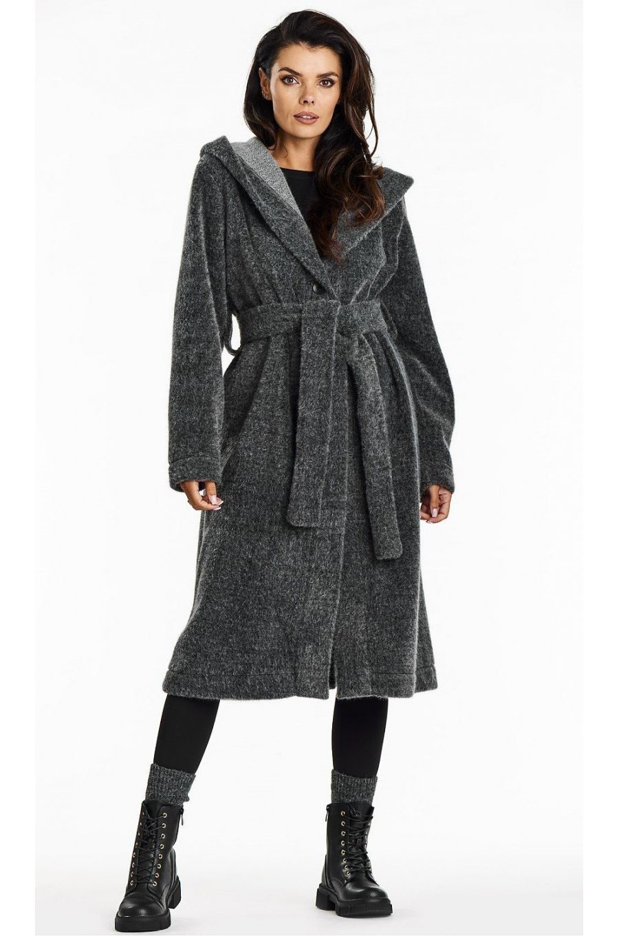Palton dama de iarna lung, gri, oversize, cu gluga, Martha Palton dama de iarna lung, gri, oversize, cu gluga, Martha 1 - jojofashion.ro