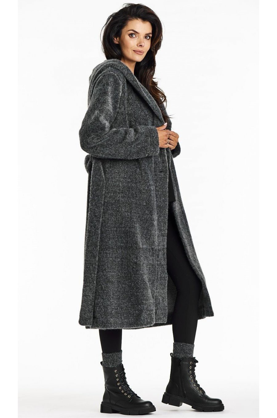 Palton dama de iarna lung, gri, oversize, cu gluga, Martha Palton dama de iarna lung, gri, oversize, cu gluga, Martha 2 - jojofashion.ro