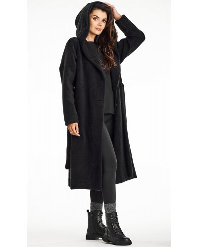 Palton dama de iarna lung, negru, oversize, cu gluga, Martha1 Palton dama de iarna lung, negru, oversize, cu gluga, Martha1 - jojofashion.ro