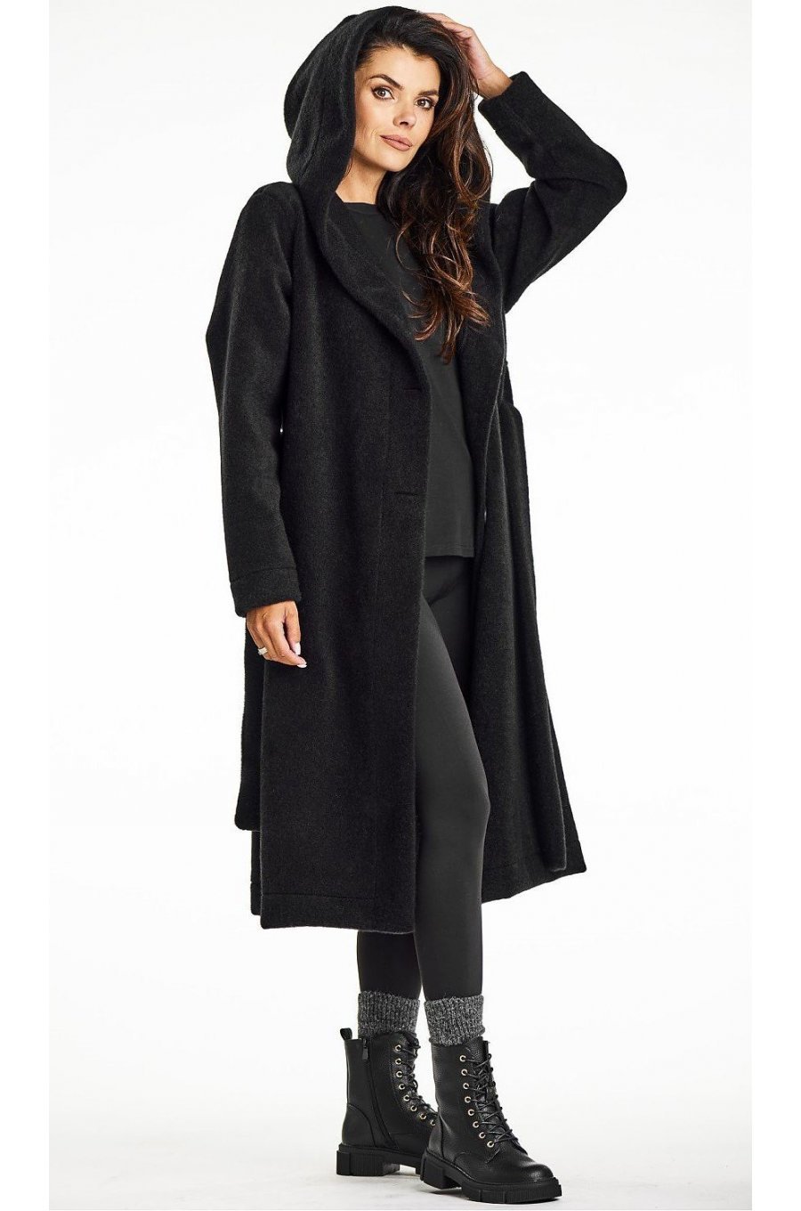 Palton dama de iarna lung, negru, oversize, cu gluga, Martha1 Palton dama de iarna lung, negru, oversize, cu gluga, Martha1 2 - jojofashion.ro