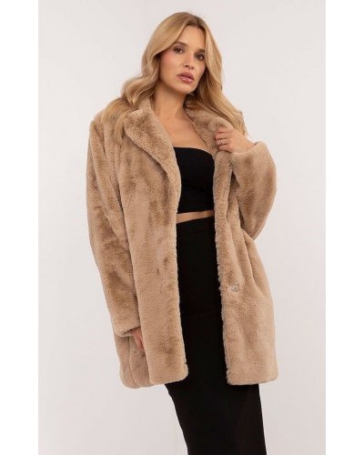 Palton dama de iarna midi, din blana eco bej, Raysa Paltoane dama, Palton dama de iarna midi, din blana eco bej, Raysa - jojofashion.ro