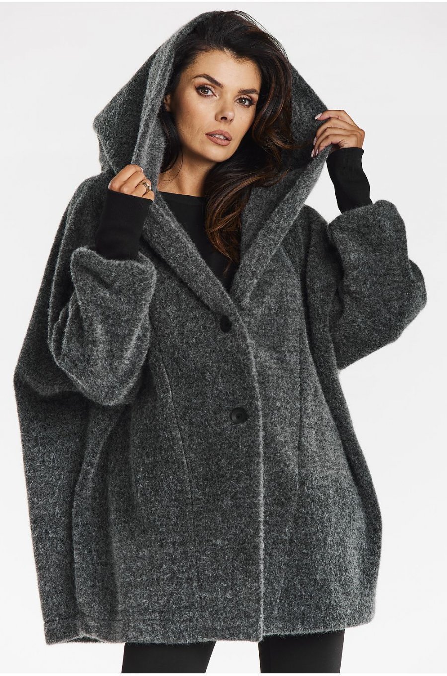 Palton dama de iarna midi, gri, tip kimono, oversize, cu gluga, Miriam Palton dama de iarna midi, gri, tip kimono, oversize, cu gluga, Miriam 1 - jojofashion.ro