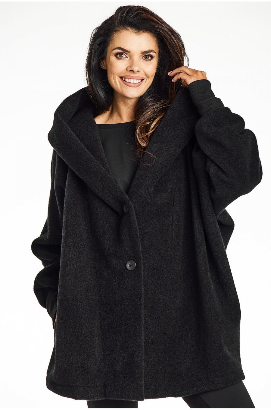 Palton dama de iarna midi, negru, tip kimono, oversize, cu gluga, Miriam1 Palton dama de iarna midi, negru, tip kimono, oversize, cu gluga, Miriam1 1 - jojofashion.ro