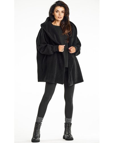 Palton dama de iarna midi, negru, tip kimono, oversize, cu gluga, Miriam1 Palton dama de iarna midi, negru, tip kimono, oversize, cu gluga, Miriam1 - jojofashion.ro