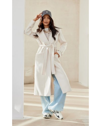 Palton dama elegant lung alb cu buzunare si cordon Katsy Palton dama elegant lung alb cu buzunare si cordon Katsy - jojofashion.ro