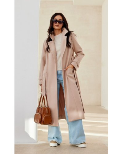 Palton dama elegant lung bej cu buzunare si cordon Katsy Palton dama elegant lung bej cu buzunare si cordon Katsy - jojofashion.ro