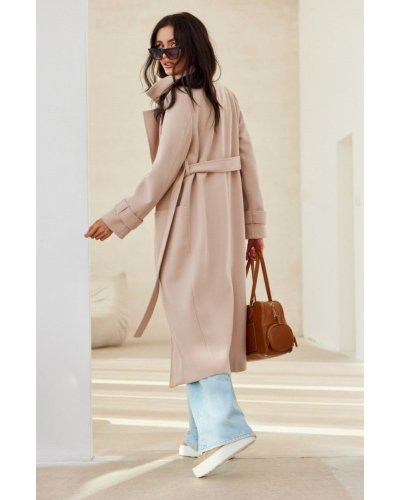 Palton dama elegant lung bej cu buzunare si cordon Katsy Geci dama, Palton dama elegant lung bej cu buzunare si cordon Katsy - jojofashion.ro