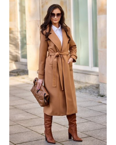 Palton dama elegant lung, caramel, clasic, cu buzunare si cordon, Vanora Palton dama elegant lung, caramel, clasic, cu buzunare si cordon, Vanora - jojofashion.ro