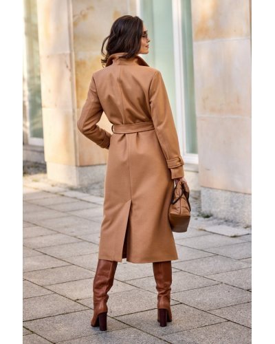 Palton dama elegant lung, caramel, clasic, cu buzunare si cordon, Vanora Paltoane dama, Palton dama elegant lung, caramel, clasic, cu buzunare si cordon, Vanora - jojofashion.ro