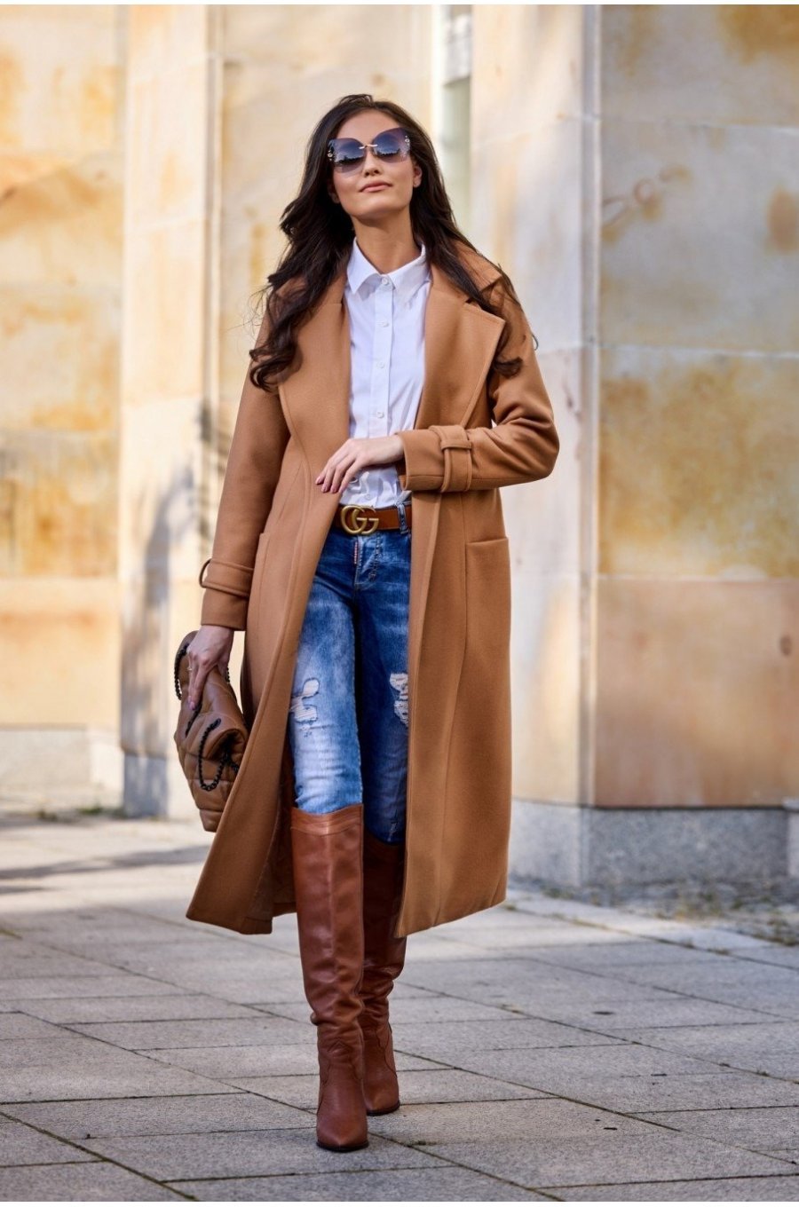 Palton dama elegant lung, caramel, clasic, cu buzunare si cordon, Vanora Palton dama elegant lung, caramel, clasic, cu buzunare si cordon, Vanora 3 - jojofashion.ro