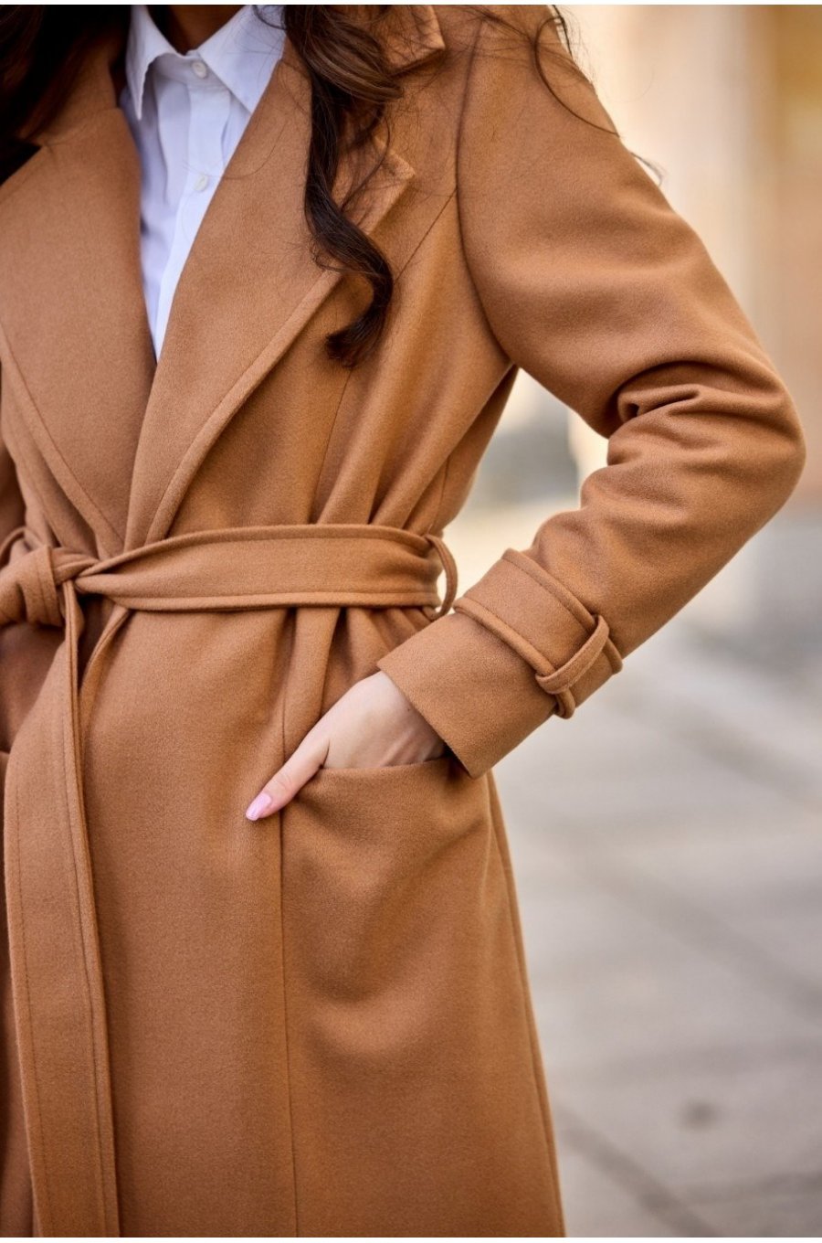Palton dama elegant lung, caramel, clasic, cu buzunare si cordon, Vanora Palton dama elegant lung, caramel, clasic, cu buzunare si cordon, Vanora 5 - jojofashion.ro