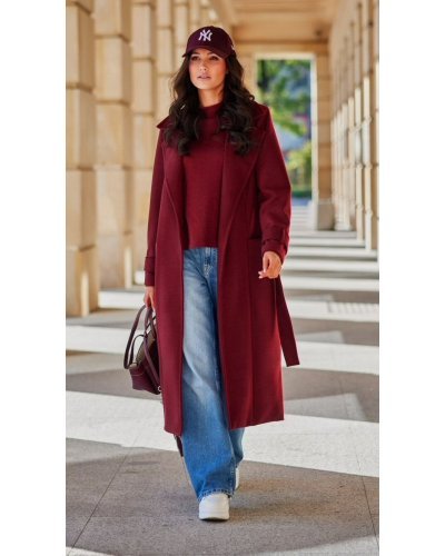 Palton dama elegant lung, clasic, burgundy, cu buzunare si cordon, Vanora Paltoane dama, Palton dama elegant lung, clasic, burgundy, cu buzunare si cordon, Vanora - jojofashion.ro