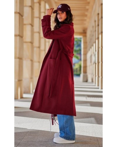 Palton dama elegant lung, clasic, burgundy, cu buzunare si cordon, Vanora Paltoane dama, Palton dama elegant lung, clasic, burgundy, cu buzunare si cordon, Vanora - jojofashion.ro