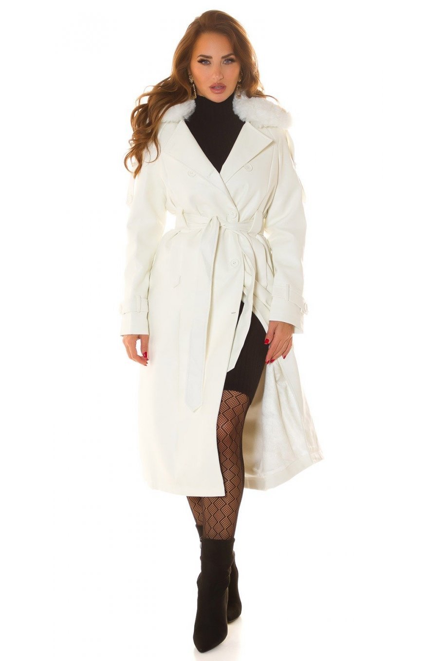 Palton dama elegant, lung, din piele eco, alb, cu guler din blana, London Palton dama elegant, lung, din piele eco, alb, cu guler din blana, London 5 - jojofashion.ro