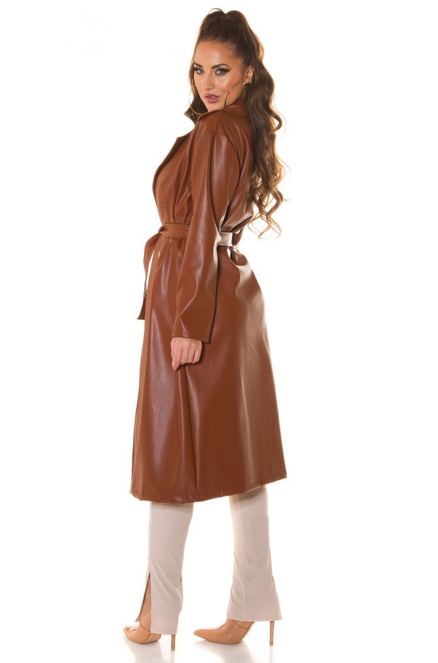 Palton dama elegant, lung, din piele eco, maro, Takisha Palton dama elegant, lung, din piele eco, maro, Takisha 4 - jojofashion.ro
