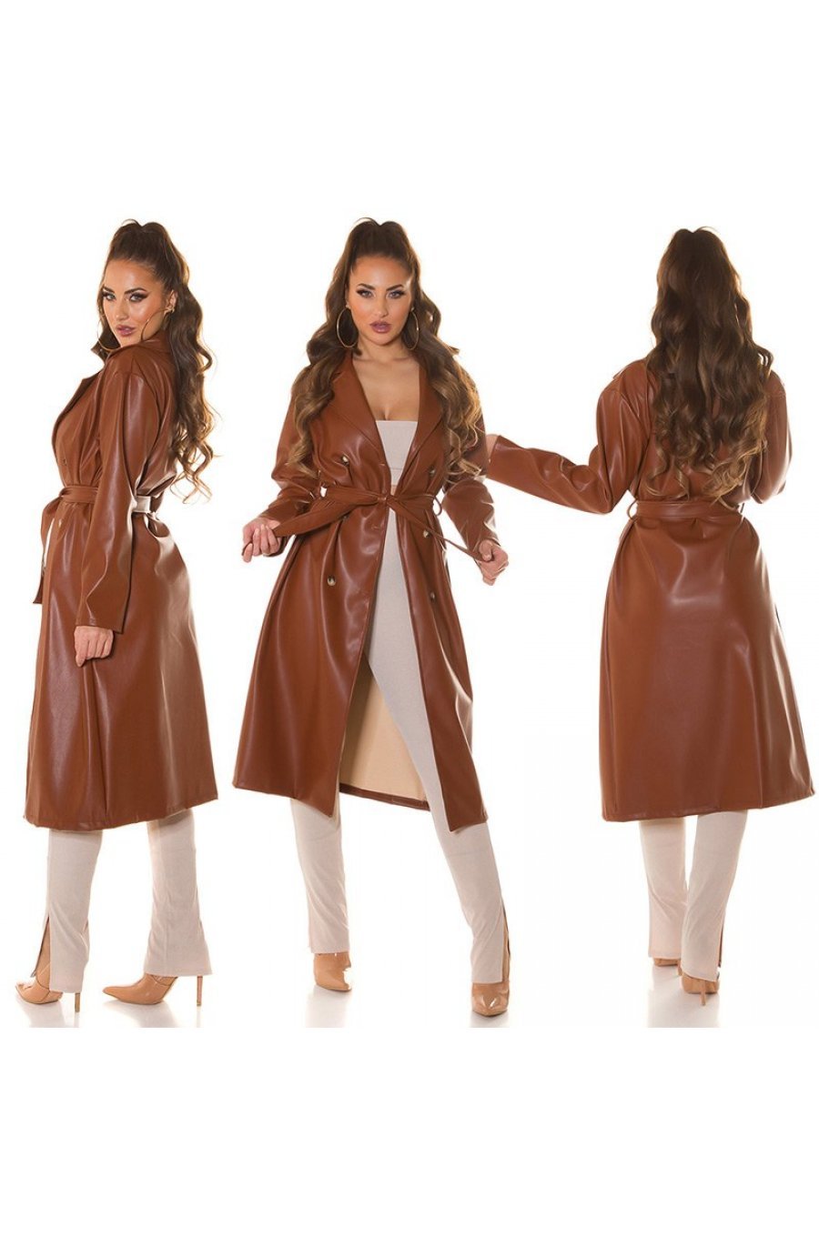 Palton dama elegant, lung, din piele eco, maro, Takisha Palton dama elegant, lung, din piele eco, maro, Takisha 6 - jojofashion.ro