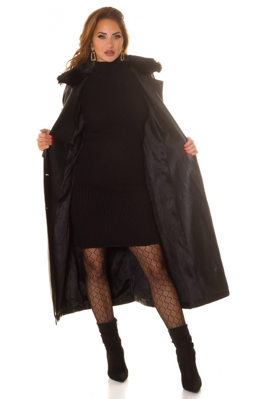 Palton dama elegant, lung, din piele eco, negru, cu guler din blana, London 4 - jojofashion.ro
