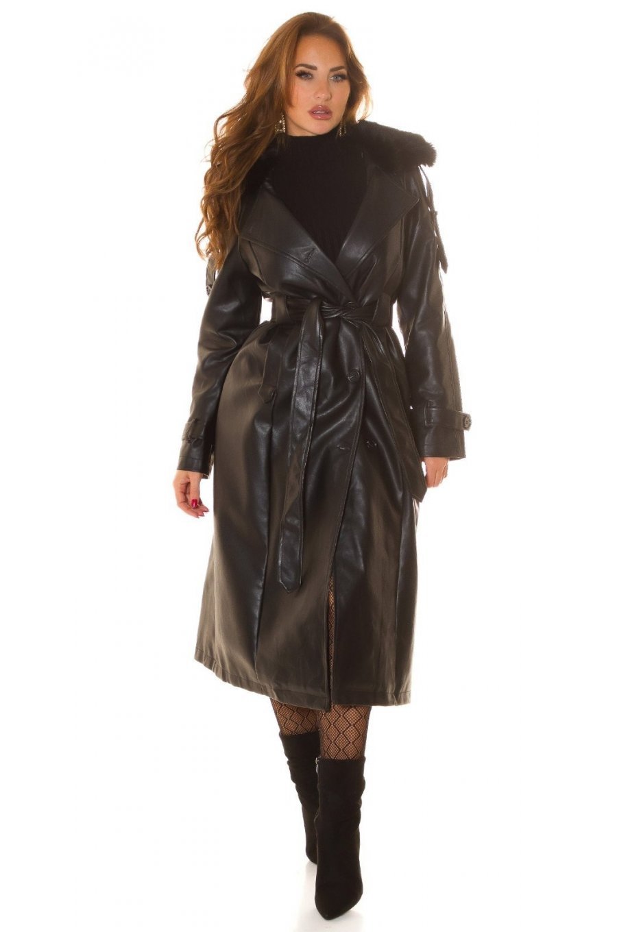 Palton dama elegant, lung, din piele eco, negru, cu guler din blana, London 6 - jojofashion.ro