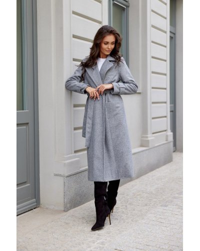 Palton dama elegant lung, gri, clasic, cu buzunare si cordon, Vanora Paltoane dama, Palton dama elegant lung, gri, clasic, cu buzunare si cordon, Vanora - jojofashion.ro