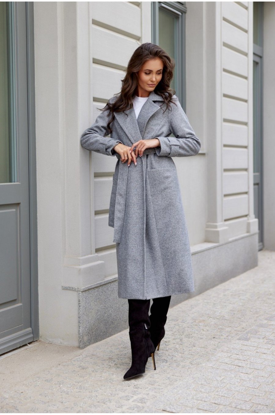 Palton dama elegant lung, gri, clasic, cu buzunare si cordon, Vanora Palton dama elegant lung, gri, clasic, cu buzunare si cordon, Vanora 2 - jojofashion.ro