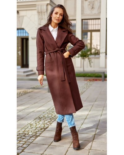 Palton dama elegant lung, maro, clasic, cu buzunare si cordon, Vanora Paltoane dama, Palton dama elegant lung, maro, clasic, cu buzunare si cordon, Vanora - jojofashion.ro
