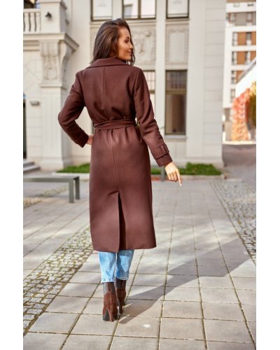 Palton dama elegant lung, maro, clasic, cu buzunare si cordon, Vanora Paltoane dama, Palton dama elegant lung, maro, clasic, cu buzunare si cordon, Vanora - jojofashion.ro
