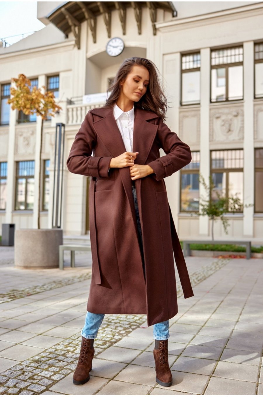 Palton dama elegant lung, maro, clasic, cu buzunare si cordon, Vanora Palton dama elegant lung, maro, clasic, cu buzunare si cordon, Vanora 3 - jojofashion.ro