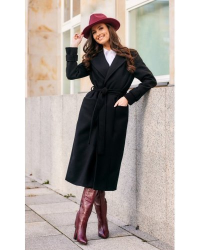 Palton dama elegant lung, negru, clasic, cu buzunare si cordon, Vanora Paltoane dama, Palton dama elegant lung, negru, clasic, cu buzunare si cordon, Vanora - jojofashion.ro