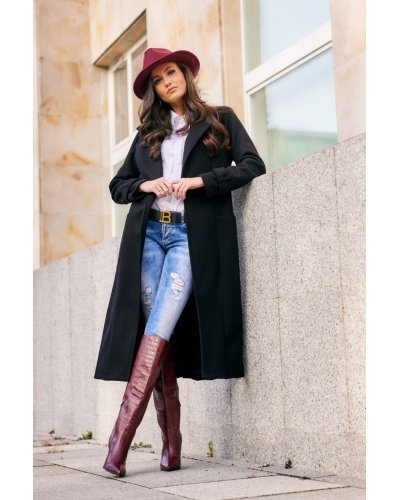 Palton dama elegant lung, negru, clasic, cu buzunare si cordon, Vanora Paltoane dama, Palton dama elegant lung, negru, clasic, cu buzunare si cordon, Vanora - jojofashion.ro