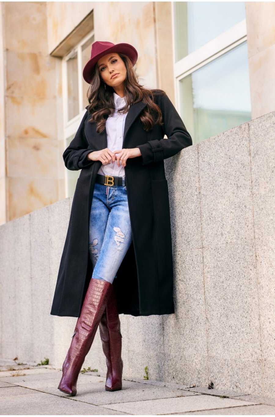 Palton dama elegant lung, negru, clasic, cu buzunare si cordon, Vanora Palton dama elegant lung, negru, clasic, cu buzunare si cordon, Vanora 2 - jojofashion.ro