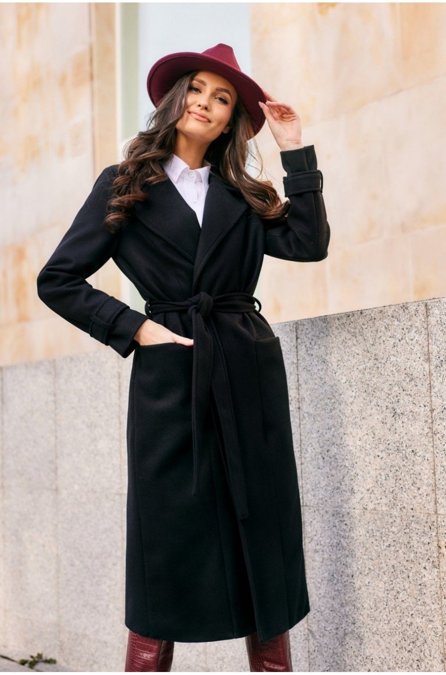 Palton dama elegant lung, negru, clasic, cu buzunare si cordon, Vanora Palton dama elegant lung, negru, clasic, cu buzunare si cordon, Vanora 3 - jojofashion.ro