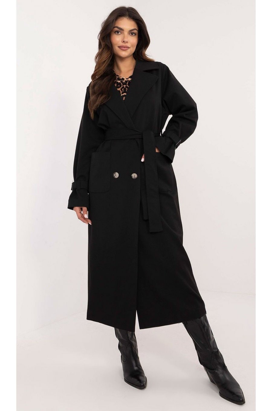 Palton dama elegant lung, negru, cu buzunare aplicate, Eylem1 1 - jojofashion.ro