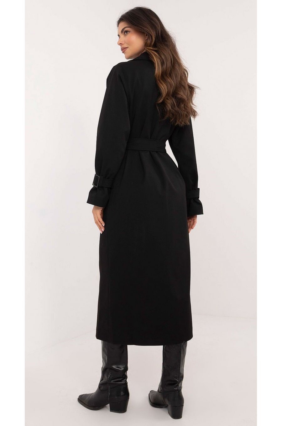 Palton dama elegant lung, negru, cu buzunare aplicate, Eylem1 2 - jojofashion.ro