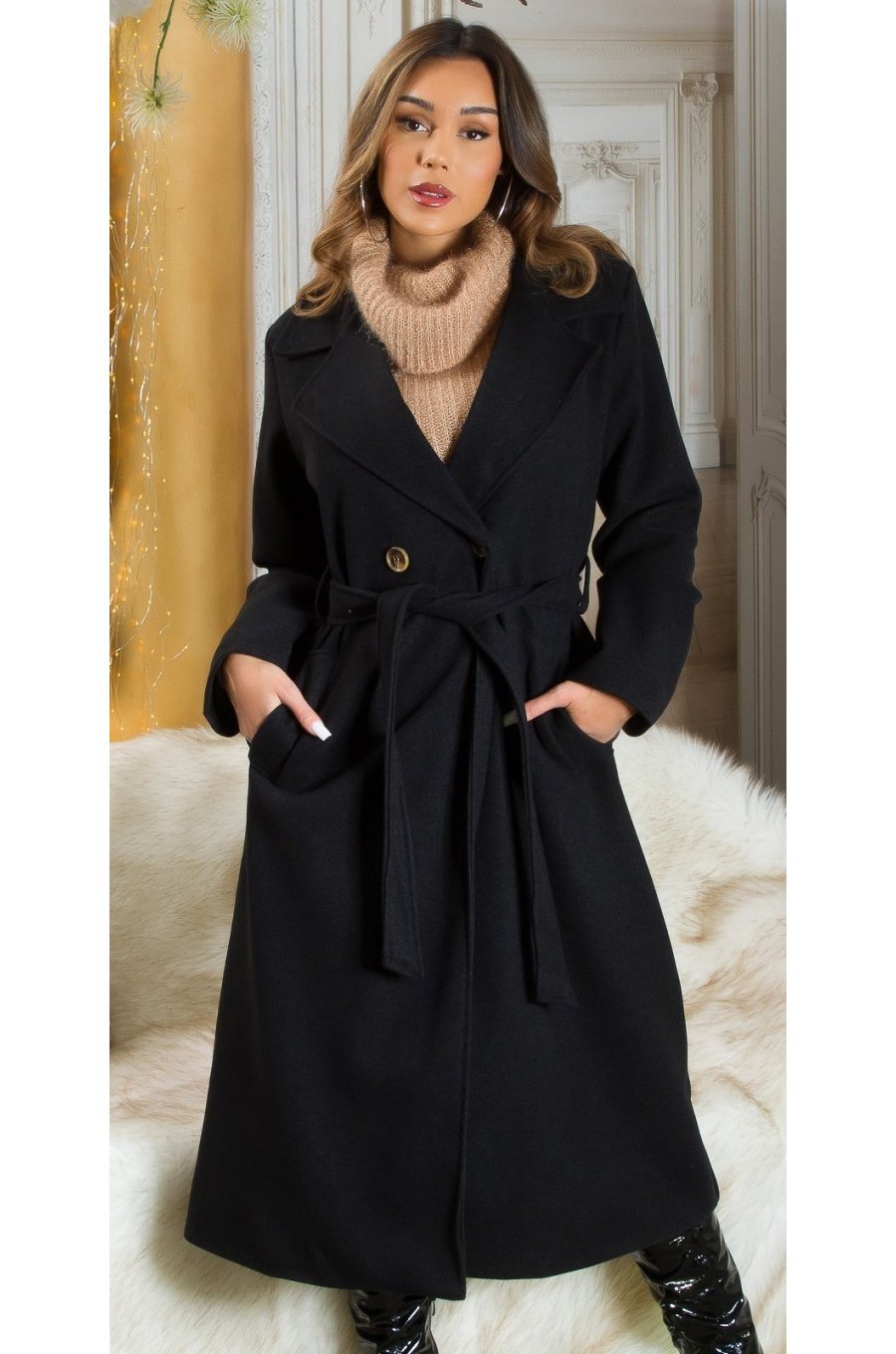 Palton dama elegant lung, negru, Orinna Palton dama elegant lung, negru, Orinna 1 - jojofashion.ro