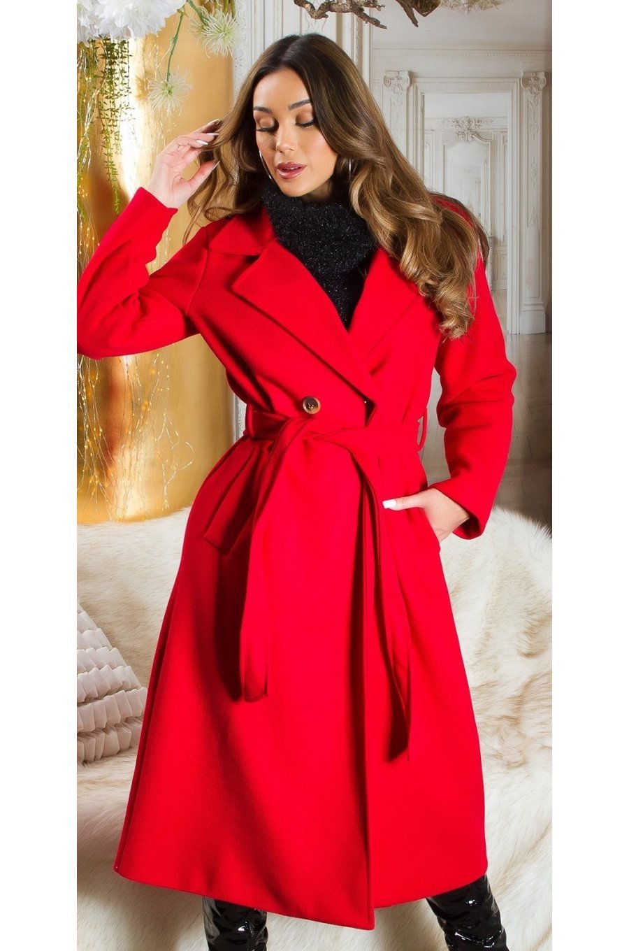 Palton dama elegant lung, rosu, Orinna Palton dama elegant lung, rosu, Orinna 1 - jojofashion.ro