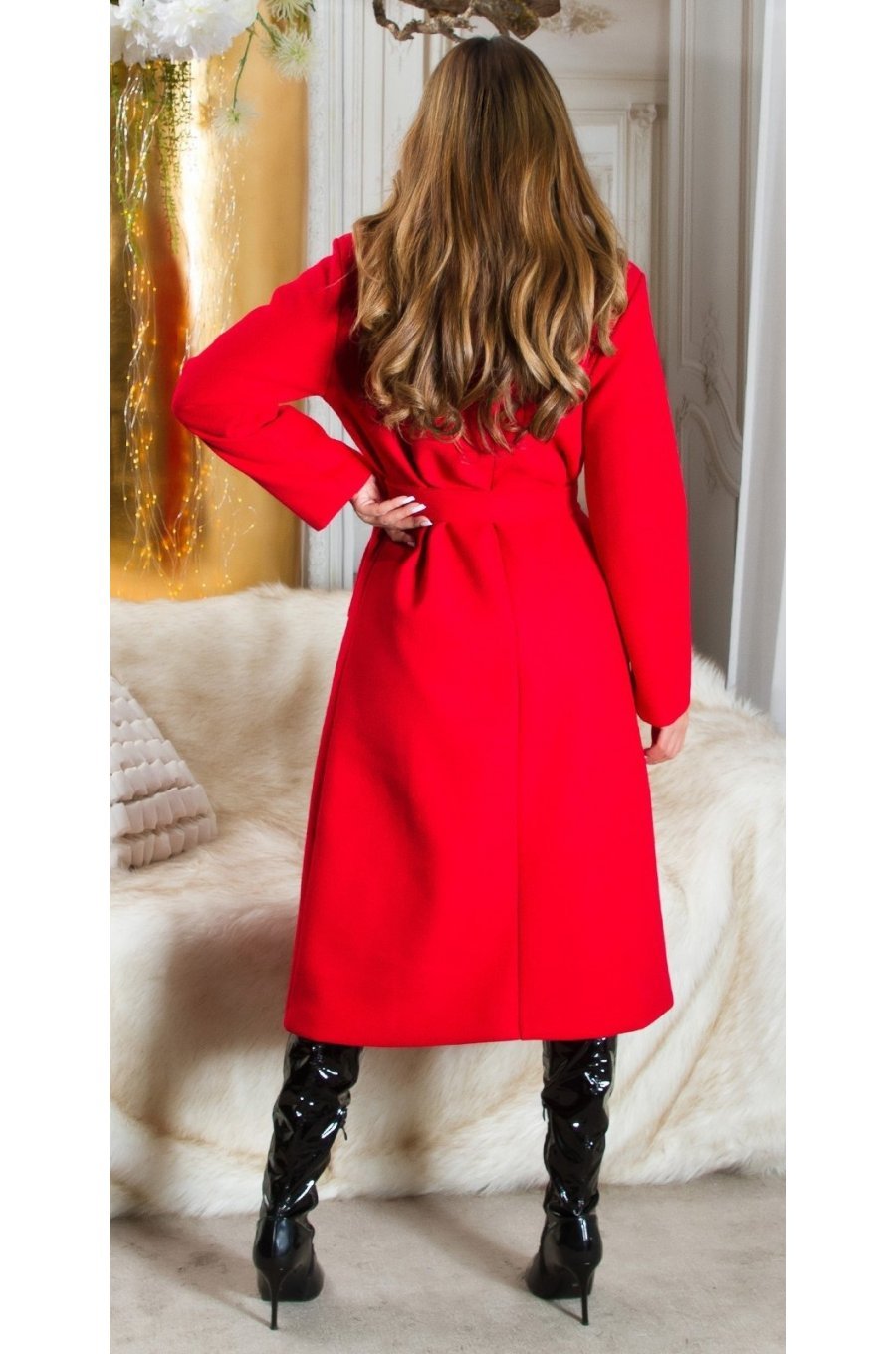 Palton dama elegant lung, rosu, Orinna Palton dama elegant lung, rosu, Orinna 2 - jojofashion.ro