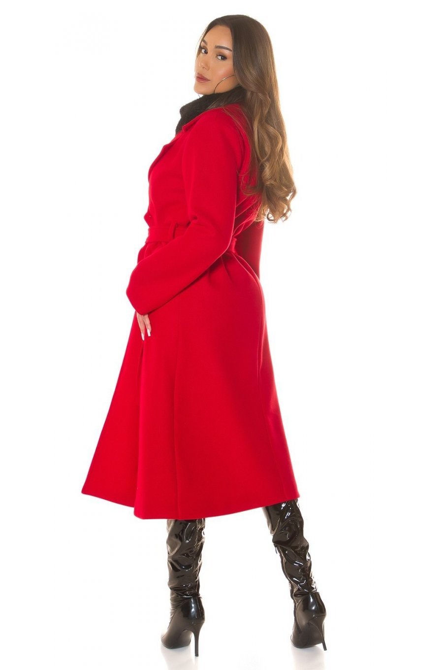 Palton dama elegant lung, rosu, Orinna Palton dama elegant lung, rosu, Orinna 4 - jojofashion.ro