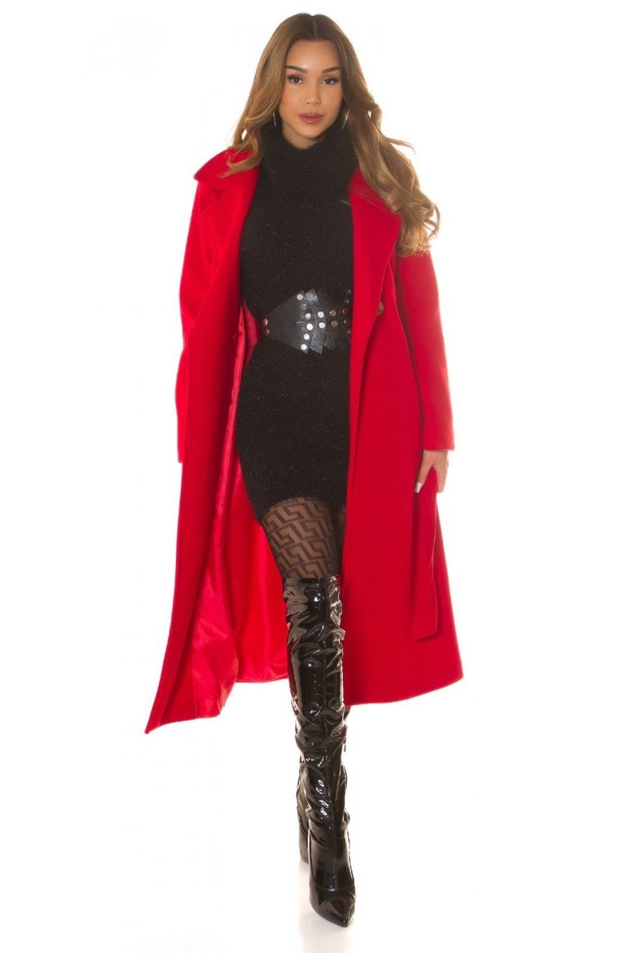 Palton dama elegant lung, rosu, Orinna Palton dama elegant lung, rosu, Orinna 6 - jojofashion.ro