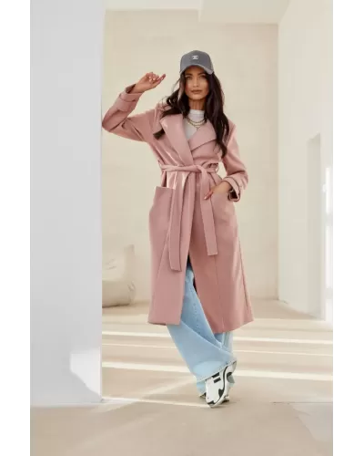 Palton dama elegant lung roz pal cu buzunare si cordon Katsy Palton dama elegant lung roz pal cu buzunare si cordon Katsy - jojofashion.ro