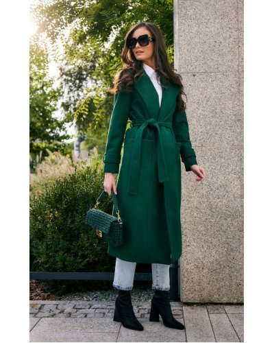 Palton dama elegant lung, verde, clasic, cu buzunare si cordon, Vanora Paltoane dama, Palton dama elegant lung, verde, clasic, cu buzunare si cordon, Vanora - jojofashion.ro