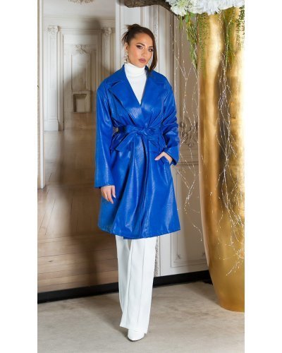 Palton dama elegant midi, piele eco, albastru, Kiera Paltoane dama, Palton dama elegant midi, piele eco, albastru, Kiera - jojofashion.ro