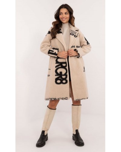 Palton dama lana, lung, bej cu scris negru, Sarina2 Paltoane dama, Palton dama lana, lung, bej cu scris negru, Sarina2 - jojofashion.ro