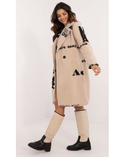 Palton dama lana, lung, bej cu scris negru, Sarina2 Paltoane dama, Palton dama lana, lung, bej cu scris negru, Sarina2 - jojofashion.ro