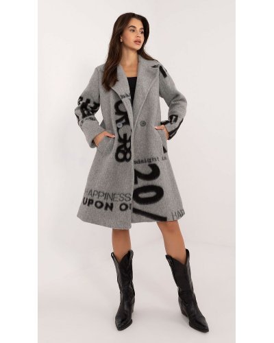 Palton dama lana, lung, gri cu scris negru, Sarina Paltoane dama, Palton dama lana, lung, gri cu scris negru, Sarina - jojofashion.ro