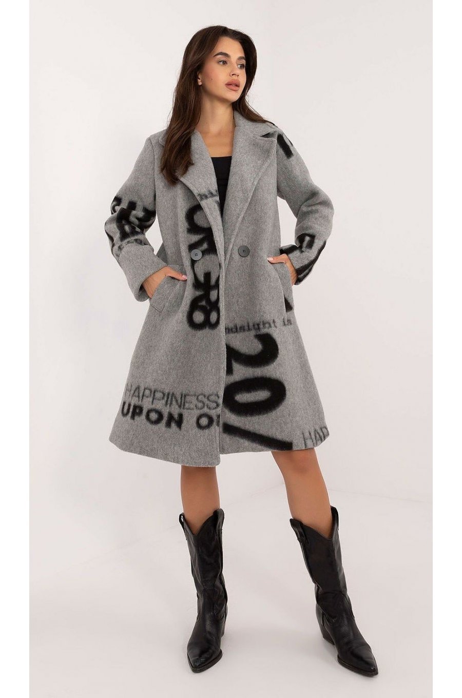 Palton dama lana, lung, gri cu scris negru, Sarina 1 - jojofashion.ro